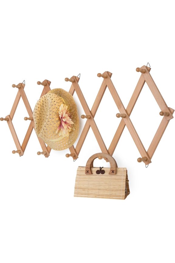 Wall Rack with 16 Hooks, Wooden Wall Expandable Coat Rack for Coat, Hats, Baseball Caps, Coffee Mug, Jewelry(Natural)