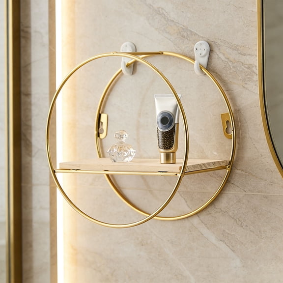 Wall Round Floating Shelves, Gold Metal Moon Shaped Display Shelf Decorative Organizer Storage Display Rack For Living Rooms Bedrooms Kitchens Office 7.9"X7.9"X4.1"