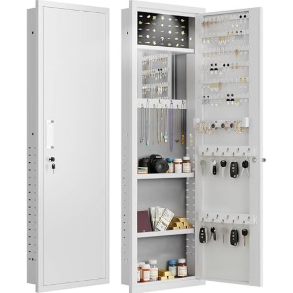 Wall Safe Cabinet, 47" Tall Wall Mounted Jewelry Mirror Cabinet, Lockable Large Jewelry Hidden Safe for Valuables, Necklaces,Earrings & Adjustable Shelves$$Tools & Hardware Other