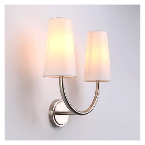 Wall Sconce Bedside Light Fixture, 2-Lighy Dual Vintage Boho Industrial Double White Tapered Fabric Shade Vanity Lamp for Bedroom Living Room Corridor Study Porch Nightstand(Brushed)