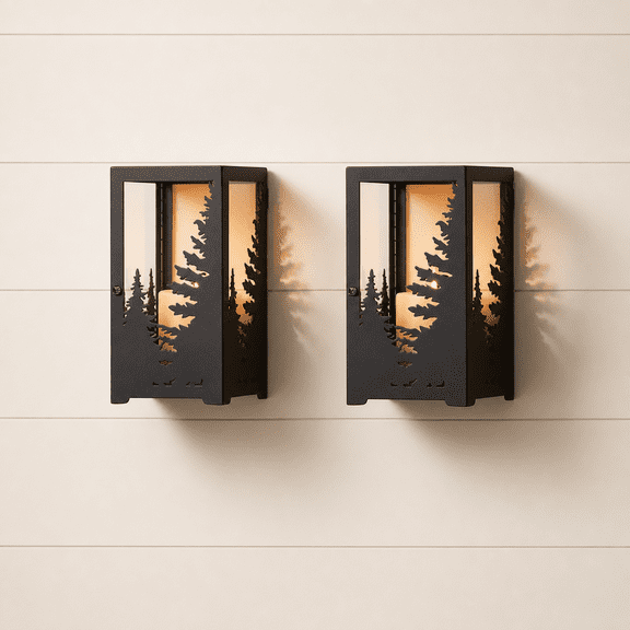 Wall Sconce Candle Holder Black Forest Pine Tree Metal Rustic Mount Decor
