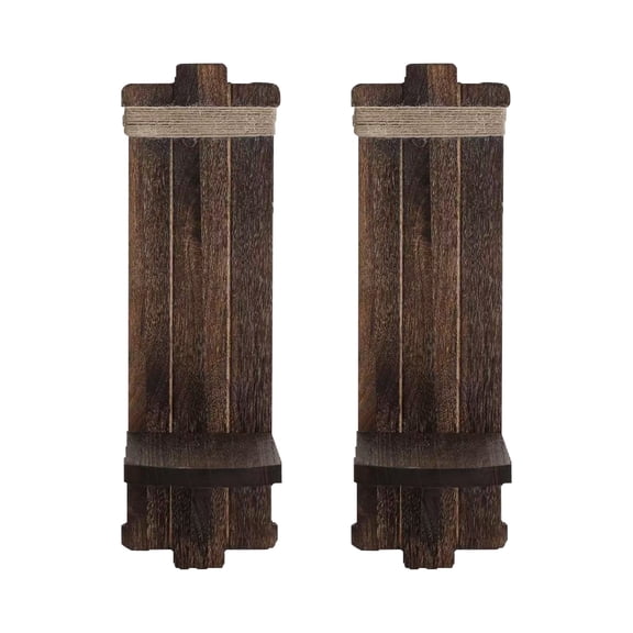 Wall Sconce Candle Holder, Rustic Brown Wooden Farmhouse Set of 2 with Floating Shelf, Complete Mounting Hardware Accessories, Decor for Fireplace Living Room Home Wall Art Decoration