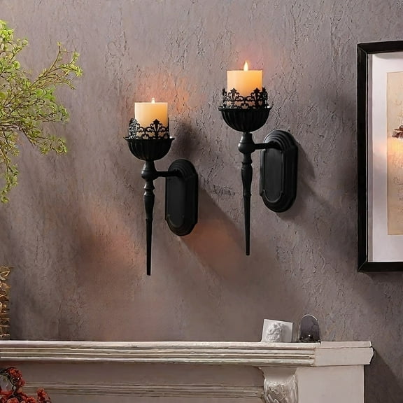 FZBCTLDZ Wall Sconce Candle Holder (Set of 2) Black Crown and Scepter Design Wall-Mount Metal Candle Holders Hanging Iron Wall Candle Sconce Holder for Living Room, Bathroom, Dining Room