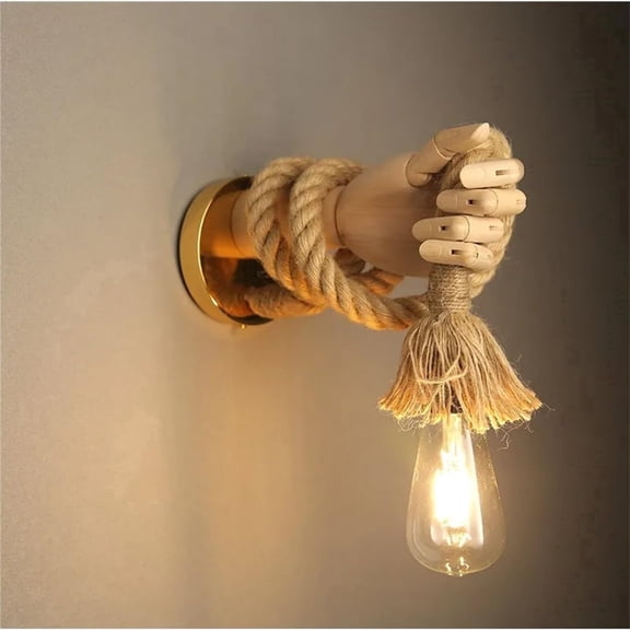 Wall Sconce, Left Hand Shape Hemp Rope Industrial Rustic Lighting for Hallway Corridor Aisle Restaurant, 1-Pack