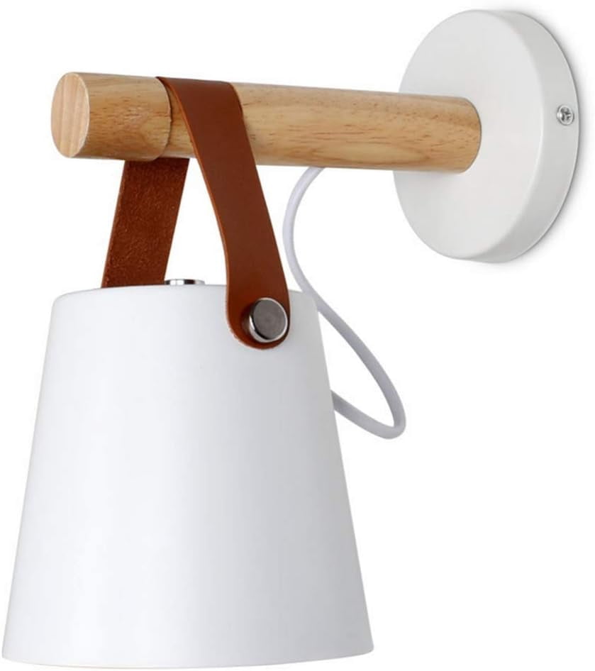 Wall Sconce Lamp Wall Sconces Light Fixture Nordic Wood Wall Sconce Lighting Black E27 Iron Art Leather Belt Wall Sconce Creative Wall Light for Home Bedroom Bedside Aisle Restaurant,White