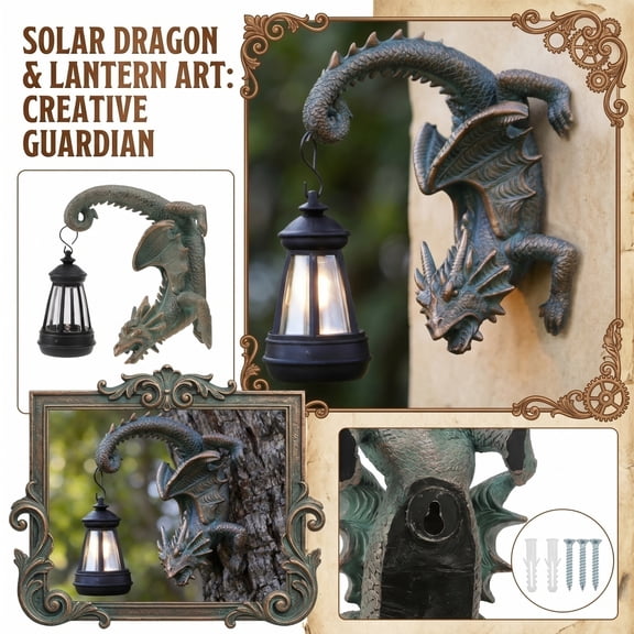 Wall Sconce Light, Medieval Dragon Lamp, Fantasy Wall Light, Gothic Home Decor Dragon Sculpture, Wall Mount Light with Hanging Outdoor Lantern, 7X4.5X18 Inch Vergris Finish Resin