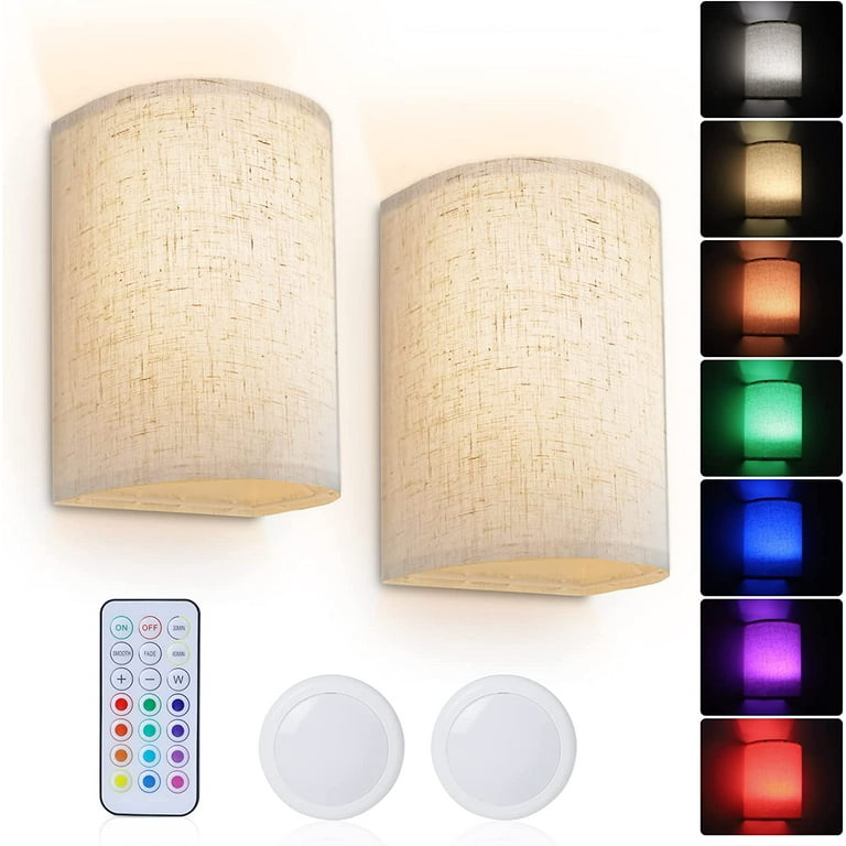 Wall Sconce Lighting Decor Battery Rechargeable Wall Sconce Set of 2 with Fabric Shade Remote Control 16 RGB Colors Changeable Dimmable Wall Lamp