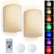 Wall Sconce Lighting Decor Set of 2, 16 RGB Colors Wireless Wall Sconce with Fabric Shade Remote Control, Dimmable Wall Lamp Fixtures for Bedroom Living Room Hallway