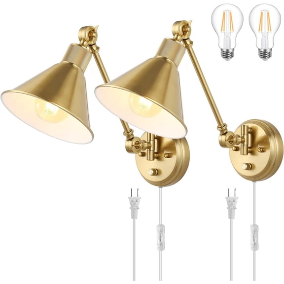 Wall Sconce Plug in, Dimmable Wall Sconces Set of 2 Wall Lights with Plug in Cord and Dimmer On/Off Knob Switch, Brushed Brass Swing Arm Wall Light, (2 Pack, 2 Bulbs)
