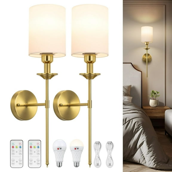 Wall Sconce Set of 2, Battery Operated Wall Sconces, Rechargeable Wall Lights with Remote, Dimmable Wireless Wall Lamps Decor for Bedroom Living Room Hallway, Included Bulbs