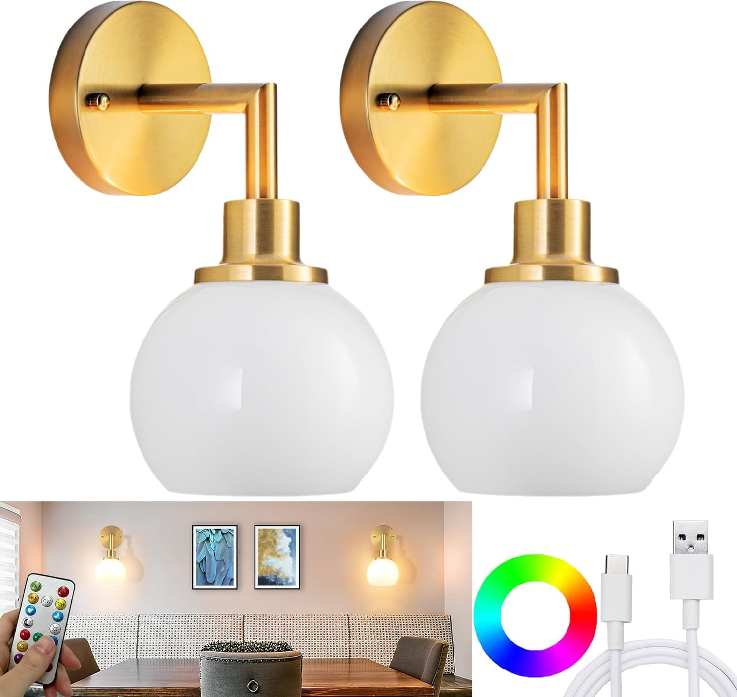 3-Light Globe Wall Sconce - Modern Vanity Light, Gold Finish, White Glass