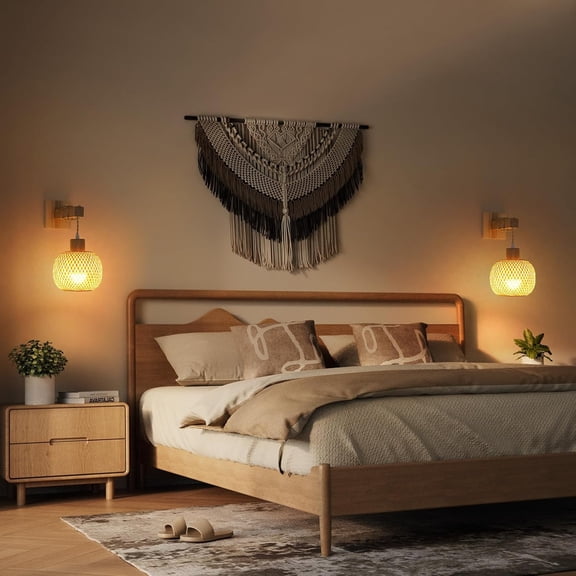 Wall Sconces Battery Operated Set of 2, Rechargeable Boho Wall Sconces with 8000mAh Bulbs, 3CCT+12RGB Dimmable Woven Bamboo Wall Light/Lamp Rattan Sconces for Bedroom Living Room