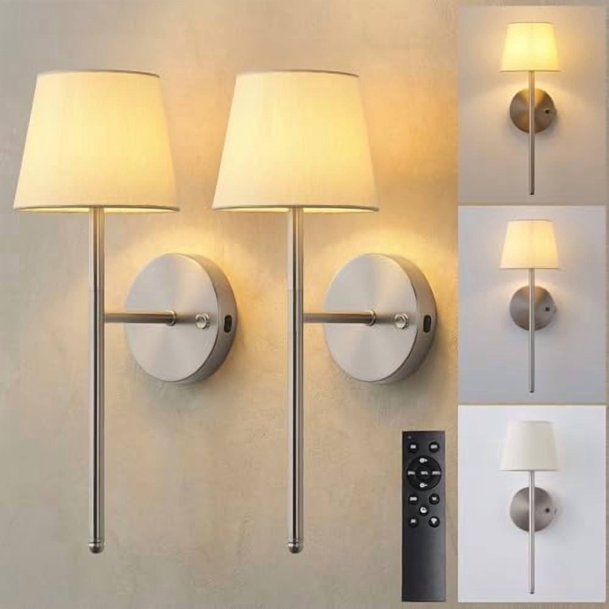 Wall Sconces Battery Operated Set of Two, Small Rechargeable Wall Lights with Remote, 5200mAh Fabric Shade Cordless Wall Lamp for Bedroom, Hallway, Living Room, Dining Room, Picture (Silver)