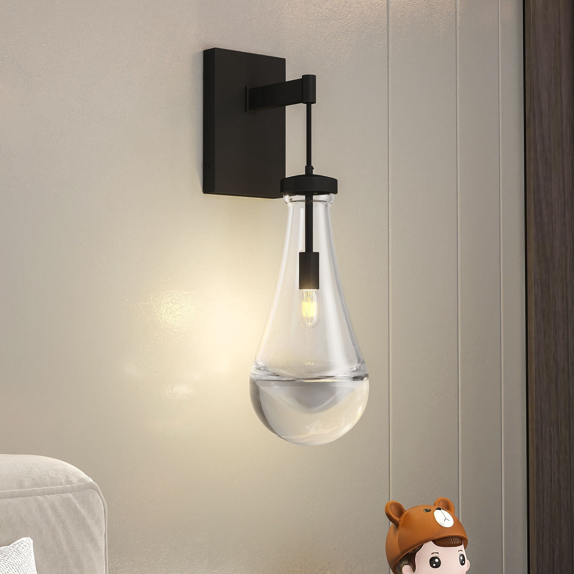 Wall Sconces Black Modern Bathroom Lights, Raindrop Clear Glass Shade, Wall Mounted Lighting Fixture for Living Room Hallway Vanity Mirror Bedroom, Bronze Finish, 1 Pack, Bulb Not Included