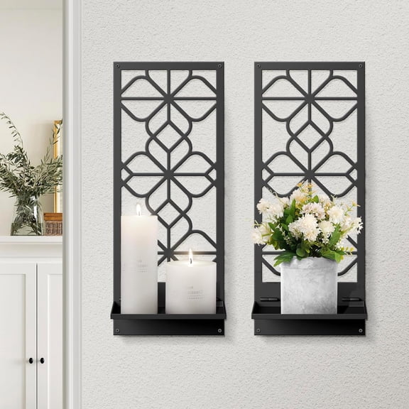 Wall Sconces Candle, Black Metal Wall Art Decor, Retro Line Wall Candle Holder for Living Room, Dining Room, Bedroom, Bathroom (16.5 x 7 in)
