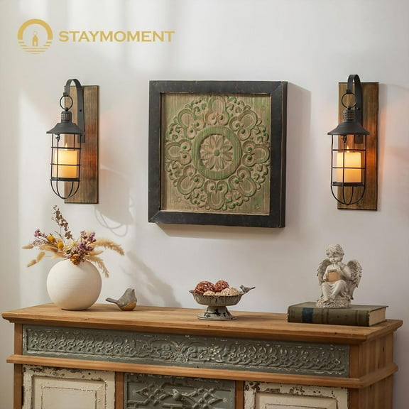 Wall Sconces Candle Holder: Set of 2 Farmhouse Wall Lantern Decor Wood Brown Decorations Indoor for Living Room Front Door Porch