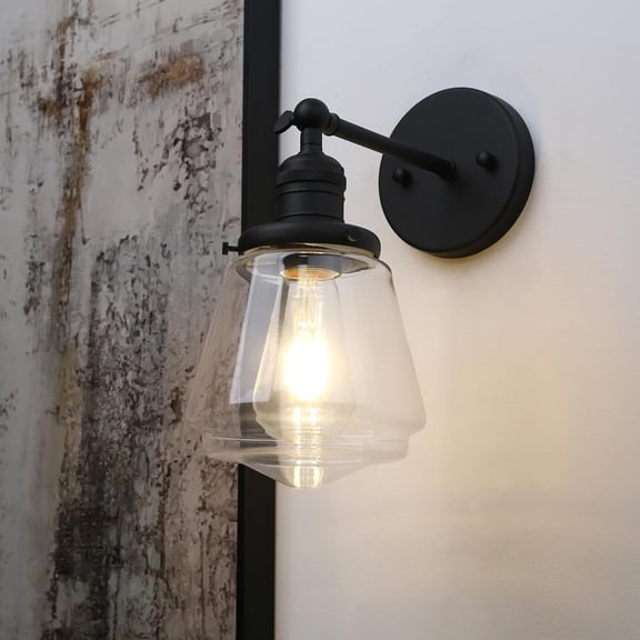 Wall Sconces Light Fixture Industrial Wall Lamp, 180 Degree Adjustable Bathroom Vanity Light, Wall Light with Glass Shade Wall Decorative Lighting for Kitchen Living Room Hallway (Black)
