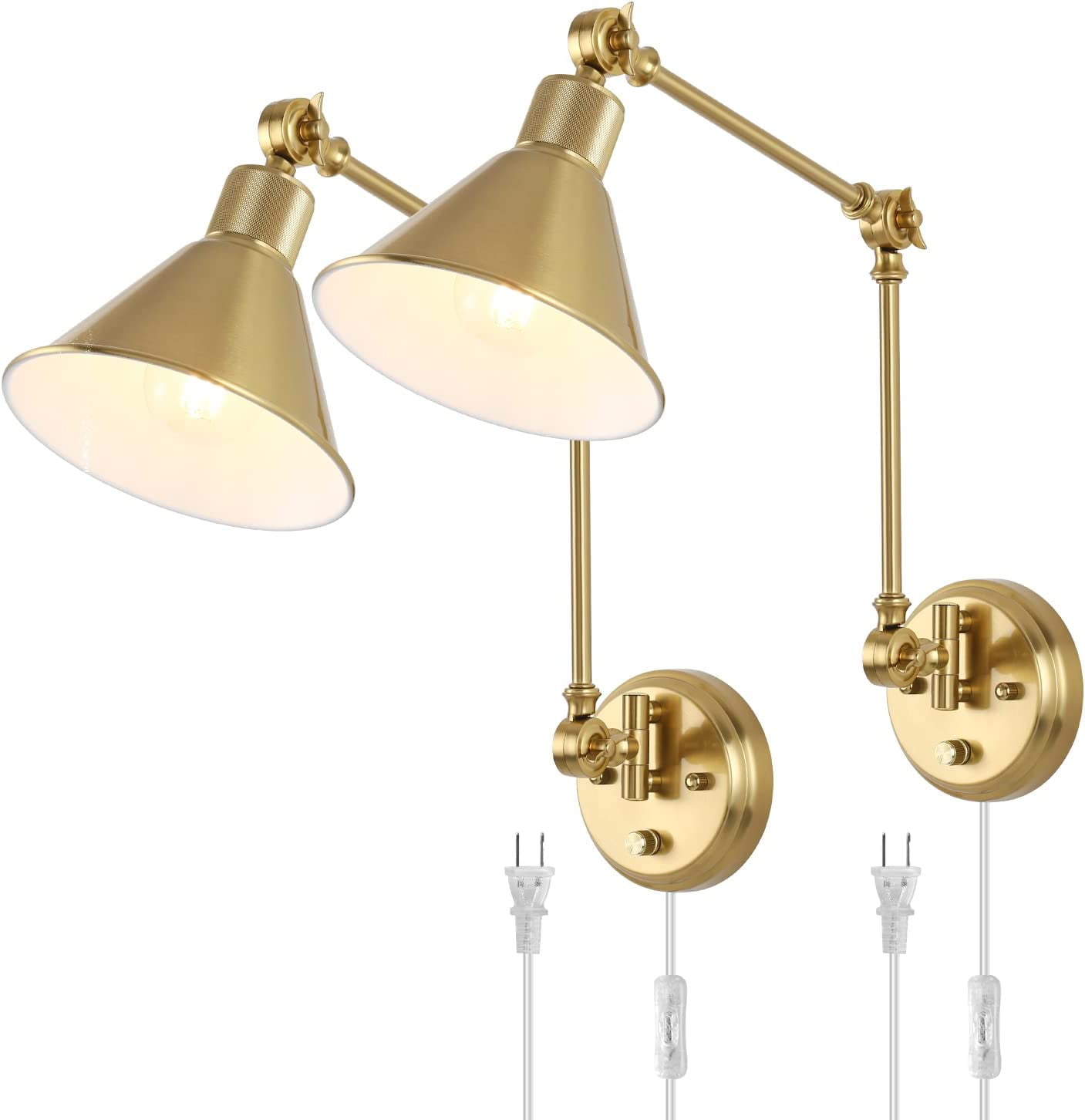 Wall Sconces Plug in, Dimmable Wall Sconce Brushed Brass Swing Arm Wall