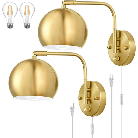 Wall Sconces Plug in, Dimmable Wall Sconce Swing Arm Wall Lights with Plug in Cord and Dimmer On/Off Knob Switch, Brushed Brass Globe Wall Light for Bedroom Bedside Hallway(2 Bulbs Included)