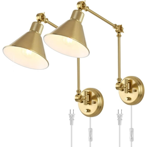 Wall Sconces Plug in, Dimmable Wall Sconces Brushed Brass Swing Arm Wall Lights Plug in Wall Mounted Light Industrial Wall Lights with 6FT Plug in Cord, E26 Base, (2 , 2 Bulbs)