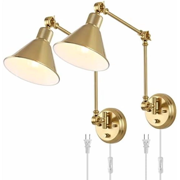 Wall Sconces Plug in, Dimmable Wall Sconces Brushed Brass Swing Arm Wall Lights Plug in Wall Mounted Light Industrial Wall Lights with 6FT Plug in Cord, E26 Base, UL Listed(2 Pack, 2 Bulbs)