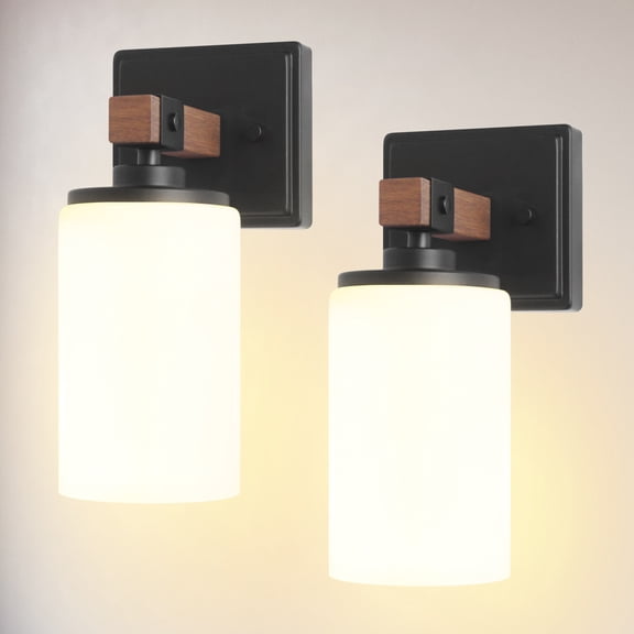 Wall Sconces Set of 2, 1 Light Farmhouse Rustic Vanity Light for Bathroom, Wood Grain Rustic Wall Lights Fixtures with White Shade for Mirror, Bedroom, Living Room, E26, Hardwired(Bulbs Not Included)