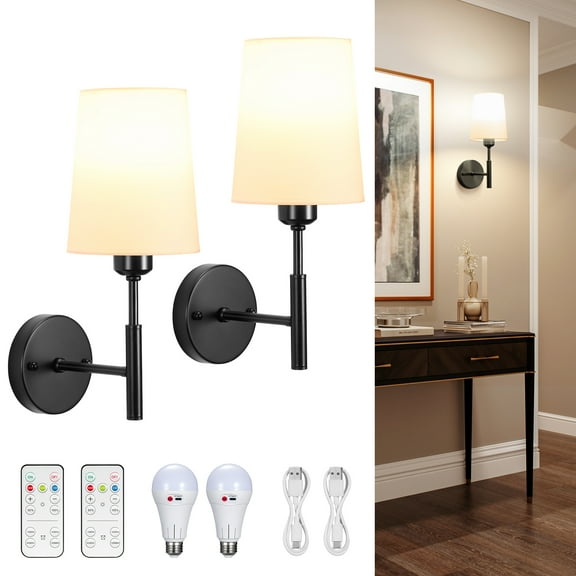 Wall Sconces Set of 2, Battery Operated Wall Lamp, Wireless Rechargeable Hallway Light with Remote, Dimmable Wall Light with Fabric Linen Shade for Bedroom Living Room