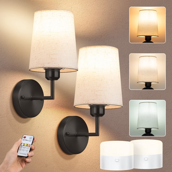 Wall Sconces Set of 2, Battery Operated Wall Lamp, Wireless Rechargeable Hallway Light with Remote, Dimmable Wall Light with Fabric Linen Shade for Bedroom Living Room