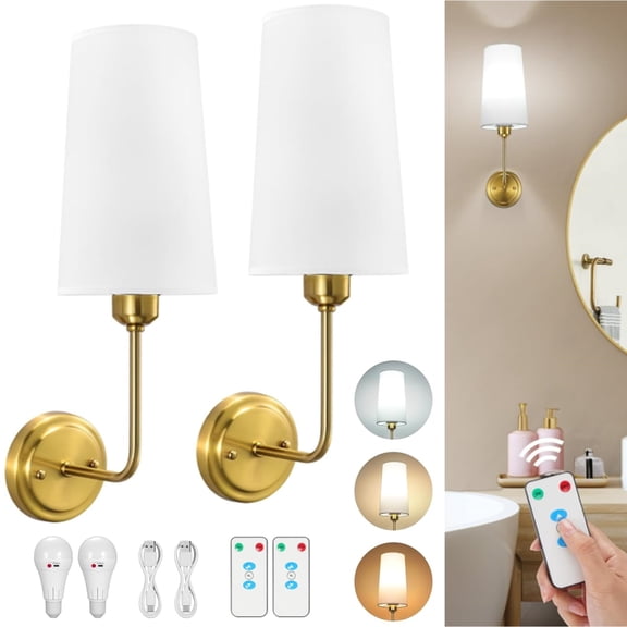 Wall Sconces Set of 2, Battery Operated Wall Lamp, Wireless Rechargeable Hallway Light with Remote, Dimmable Wall Light with Fabric Linen Shade for Bedroom Living Room
