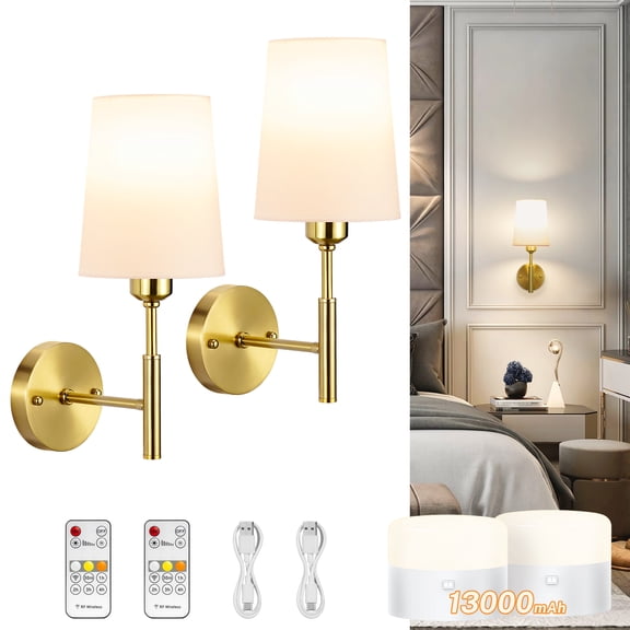 Wall Sconces Set of 2, Battery Operated Wall Lamp, Wireless Rechargeable Hallway Light with Remote, Dimmable Wall Light with Fabric Linen Shade for Bedroom Living Room