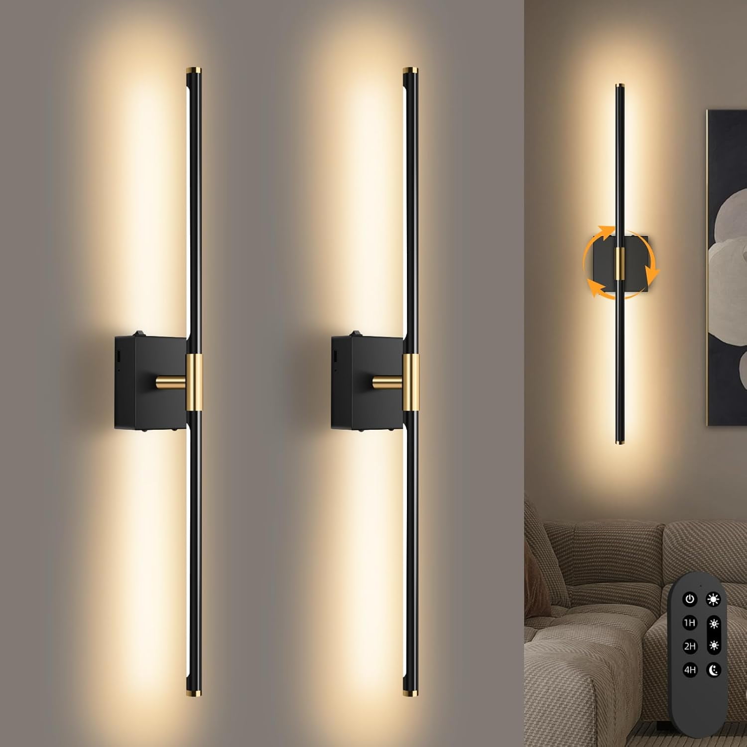 Wall Sconces Set of 2 Battery Operated, Wireless USB Rechargeable Wall ...
