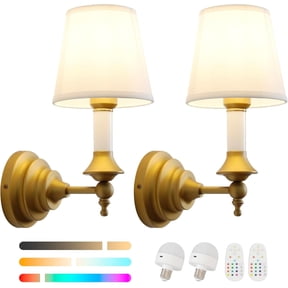 Wall Sconces Set of 2,  Brass Wall Lamps with  Rod & White Drum Fabric Shade, Remote Control LED Lighting, Cord-Free Mounting Sconces for Bedroom, Hallway
