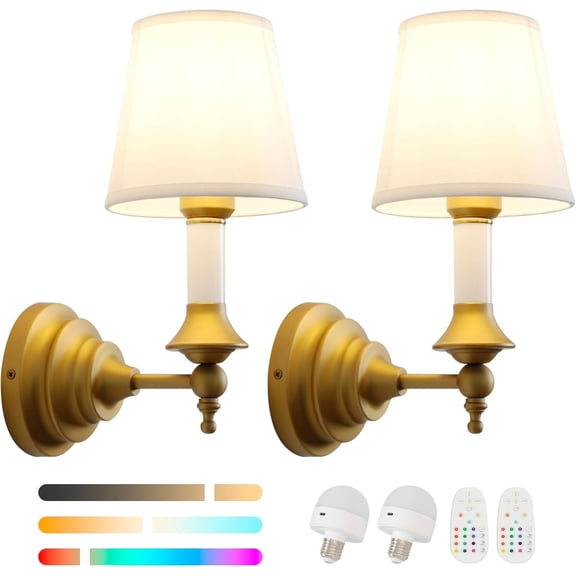 Wall Sconces Set of 2, Brass Wall Lamps with Rod & White Drum Fabric Shade, Remote Control LED Lighting, Cord-Free Mounting Sconces for Bedroom, Hallway