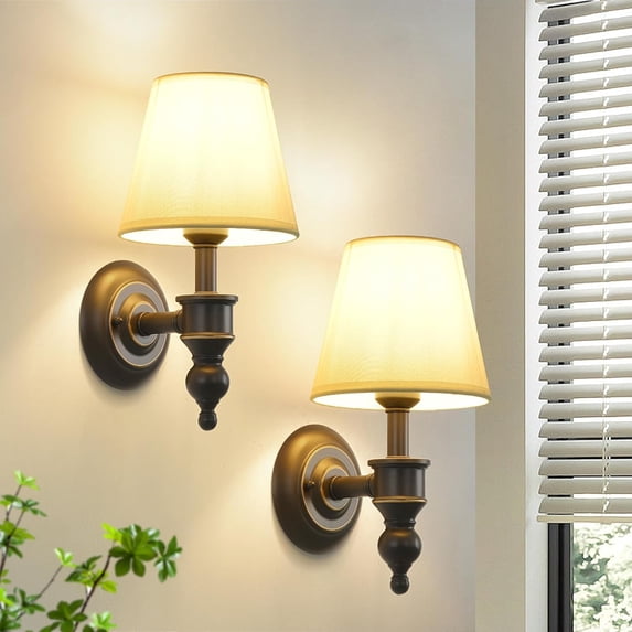 Wall Sconces Set of 2, Modern Wall Lamps for Bedroom, Sconces Wall Light Fixture with ORB & Beige Fabric Shade, Indoor Wall Mounted Lamps for Living Room Bathroom Vanity Hallway Kitchen
