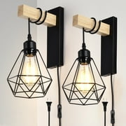 Plug in Wall Sconces Set of 2 with 6 FT On/Off Switch Cord, Wall Light Fixtures Black Industrial Farmhouse Indoor Wall Latern For Bedroom Living Room