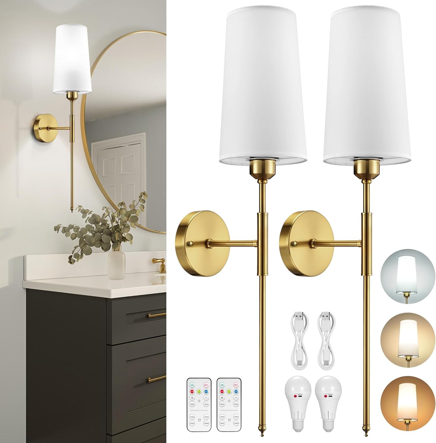 Set of 2 Gold Wireless Wall Sconces, Dimmable Battery Operated Lamp with Remote - Walmart.com