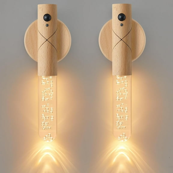 Wall Sconces Set of Two Battery Operated, Motion Sensor Night Light Battery Powered Sconce Rechargeable Wall Sconce, Peel and Stick Sconce Lights for Stair Hallway (White Ash Wood-Bubble)