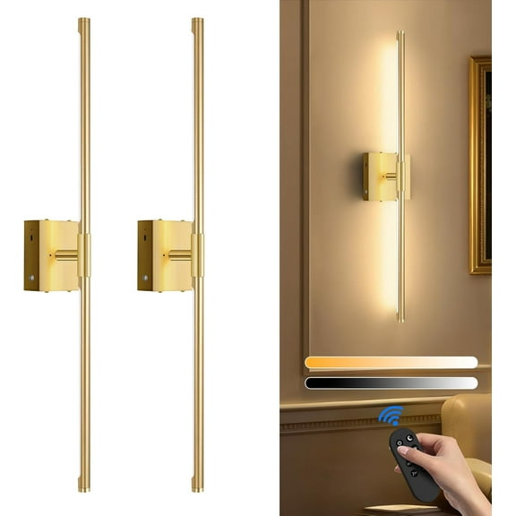 Wall Sconces Set of Two Battery Operated, Wireless USB Rechargeable Wall Lights with Remote, 8000mAh Dimmable LED 3 Color Dimmable Living Room for Bedroom,Hallway,Picture Lamp(30in Gold)