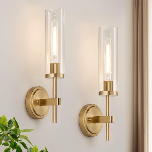 Wall Sconces Set of Two, Brushed Gold Bathroom Sconces with Clear Glass, Hardwired Sconces Wall Decor Set of 2, Modern Wall Light Fixtures for Bathroom Mirror Living Room Bedroom Hallway