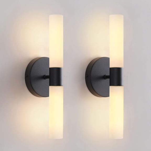 Wall Sconces Set of Two Matte Black Bathroom Wall Sconce Light Set of 2 Modern Wall Light Fixtures Metal Sconces Wall Lighting with White Glass Shade Wall Mounted Lamp for Living Room