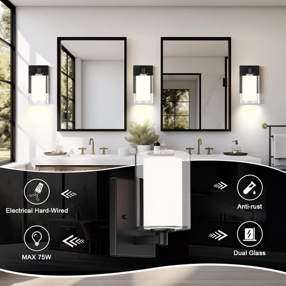 Wall Sconces Set of Two, Modern Vanity Lights with Double Clear Glass Shade Matte Black Indoor Farmhouse Wall Lights for Bathroom Living Room Bedroom Hallway Bulb E26 Base (Bulbs Not Included)