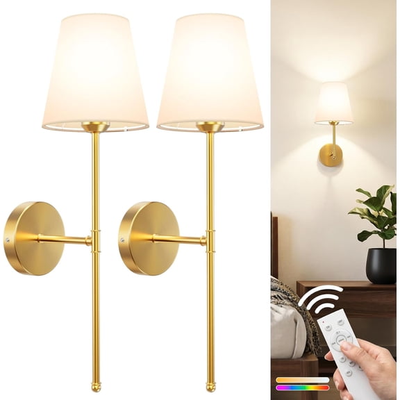 Wall Sconces Set of Two, Rechargeable Wall Lights with Magnetic Bulb and Remote, Dimmable Wall Lamps with RGB & Timer, Cordless Sconce for Bedroom Living Room Fireplace Hallway Decor