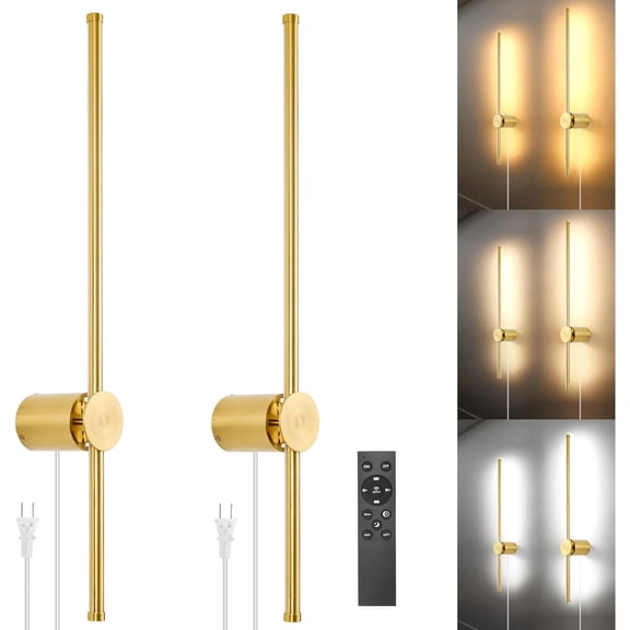 Wall Sconces Set of Two with Remote, Stepless Colors 3000K-6500K & Stepless Dimming, Hardwire or Plug-in, 180 Rotate, LED Gold Plug in Wall Sconces with Timer & Night Light, 23.6 Inches