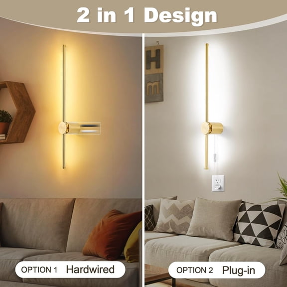 Wall Sconces Set of Two with Remote, Stepless Colors 3000K-6500K & Stepless Dimming, Hardwire or Plug-in, 180 Rotate, LED Gold Plug in Wall Sconces with Timer & Night Light, 23.6 Inches