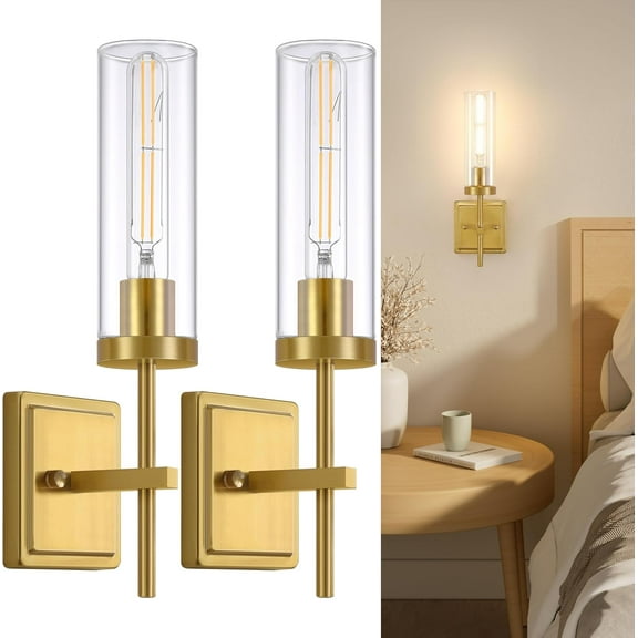 Wall Sconces Set of 2 Gold Bathroom Sconces Wall Lighting with Clear Glass Vanity Light fixtures for Mirror Living Room Hallway Bedroom, 1-Light