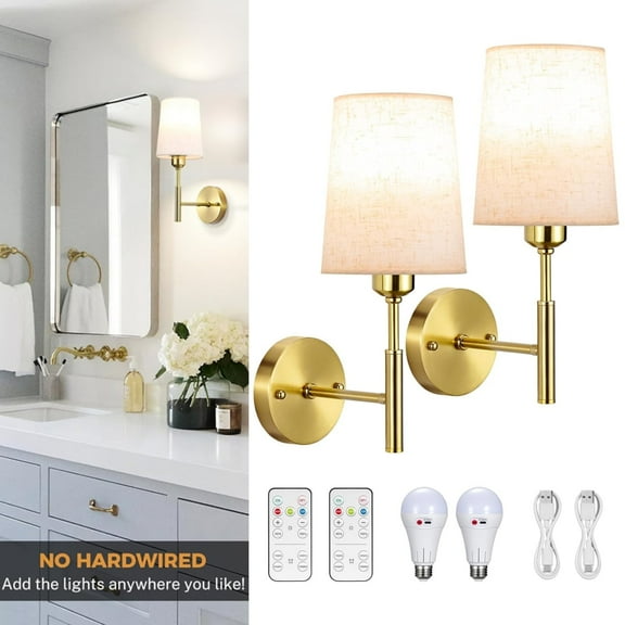 Wall Sconces Set of Two, Battery Operated Rechargeable Wall Sconce With Remote, Gold Wireless Battery Wall Light With 5000mAh Bulb For Bedroom