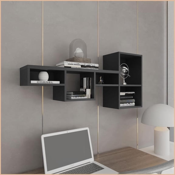 Wall Shelf 47 Wide 7-Tier Modular Cube Shelf | Black | Particle Board