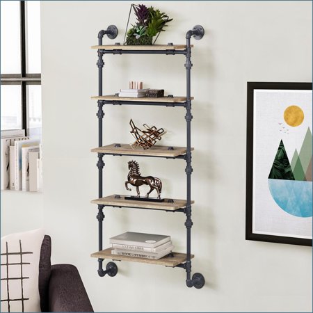 Wall Shelf, 5-Tier Industrial Oak & Sandy Black 59.5"H x 28.5"W | Wood+Metal | Primary Living Space