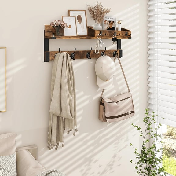 Wall Shelf Coat Rack with Hooks, 26-Inch Rustic Brown and Black Organizer for Entryway, Practical Storage for Coats Hats Bags Jackets and Keys