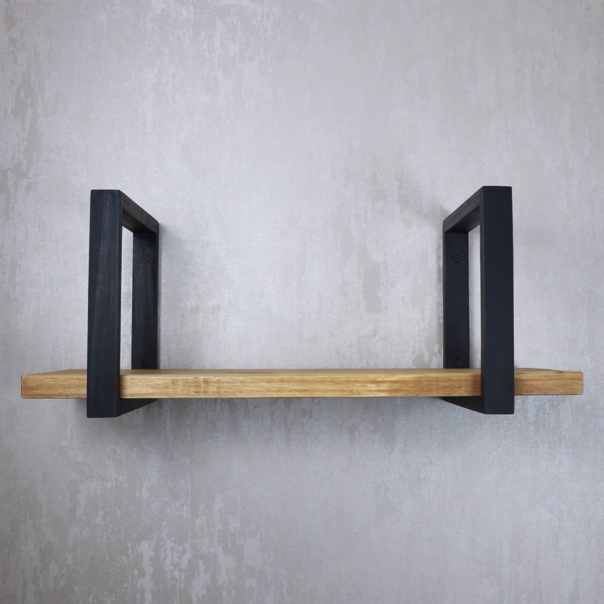 Antique Brown Pine Wood Wall Shelf with Black Metal Brackets
